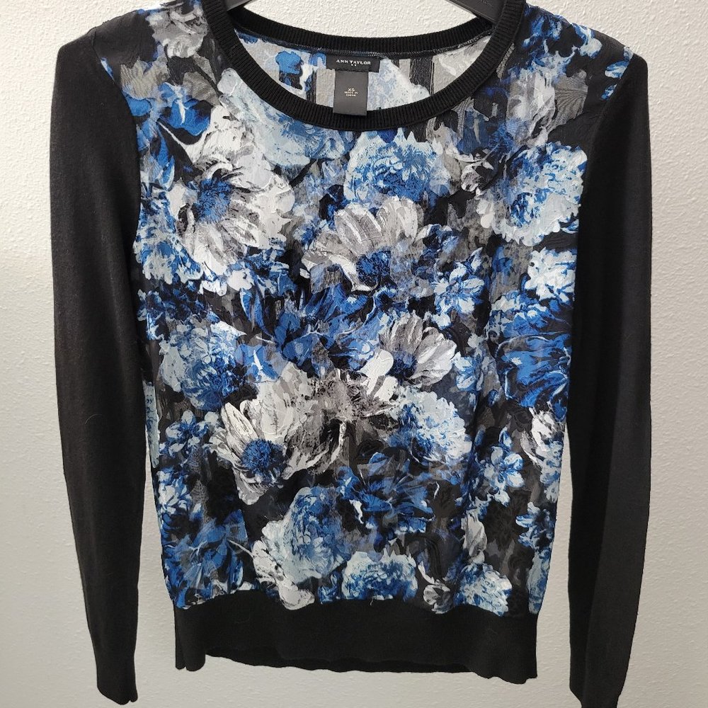 Blue and black floral long sleeved top
